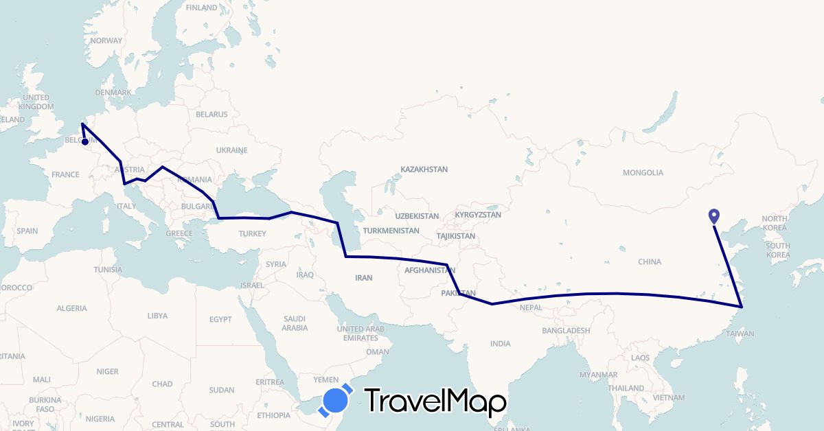 TravelMap itinerary: driving in Afghanistan, Azerbaijan, Belgium, Bulgaria, China, Germany, Georgia, Croatia, Hungary, India, Iran, Italy, Netherlands, Pakistan, Romania, Slovenia, Turkey (Asia, Europe)